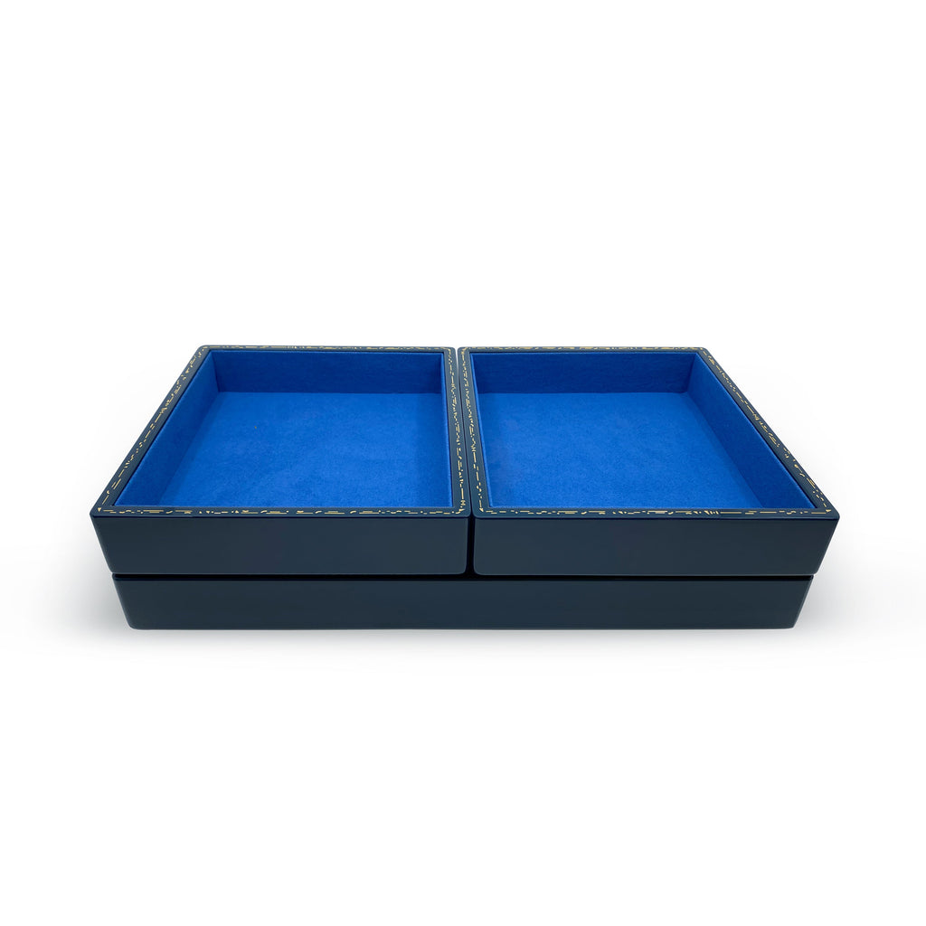 Single Stone's LARGE STACKING JEWELRY TRAY - MIDNIGHT BLUE  featuring Color: Navy with Klein blue interior Wood with high lacquer finish Features delicate gold effect inlay 38cm long, 22cm wide, 4.4cm high Due to the nature of lacquer, there may be some variations to the color of your TROVE piece
