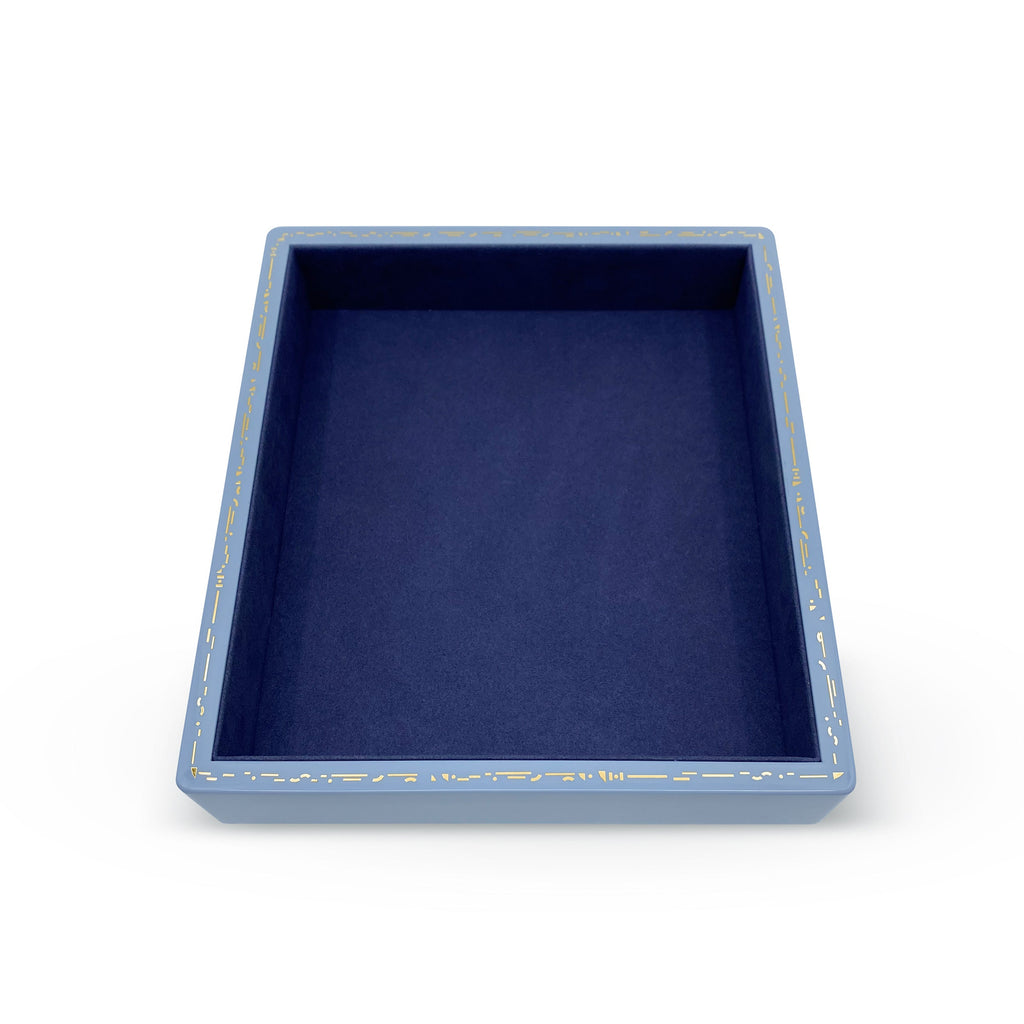 Single Stone's SMALL STACKING JEWELRY TRAY - EVENING BLUE  featuring Color: Dusty blue with deep indigo interior Wood with high lacquer finish Features delicate gold effect inlay 19cm long, 22cm wide, 4.4cm high
