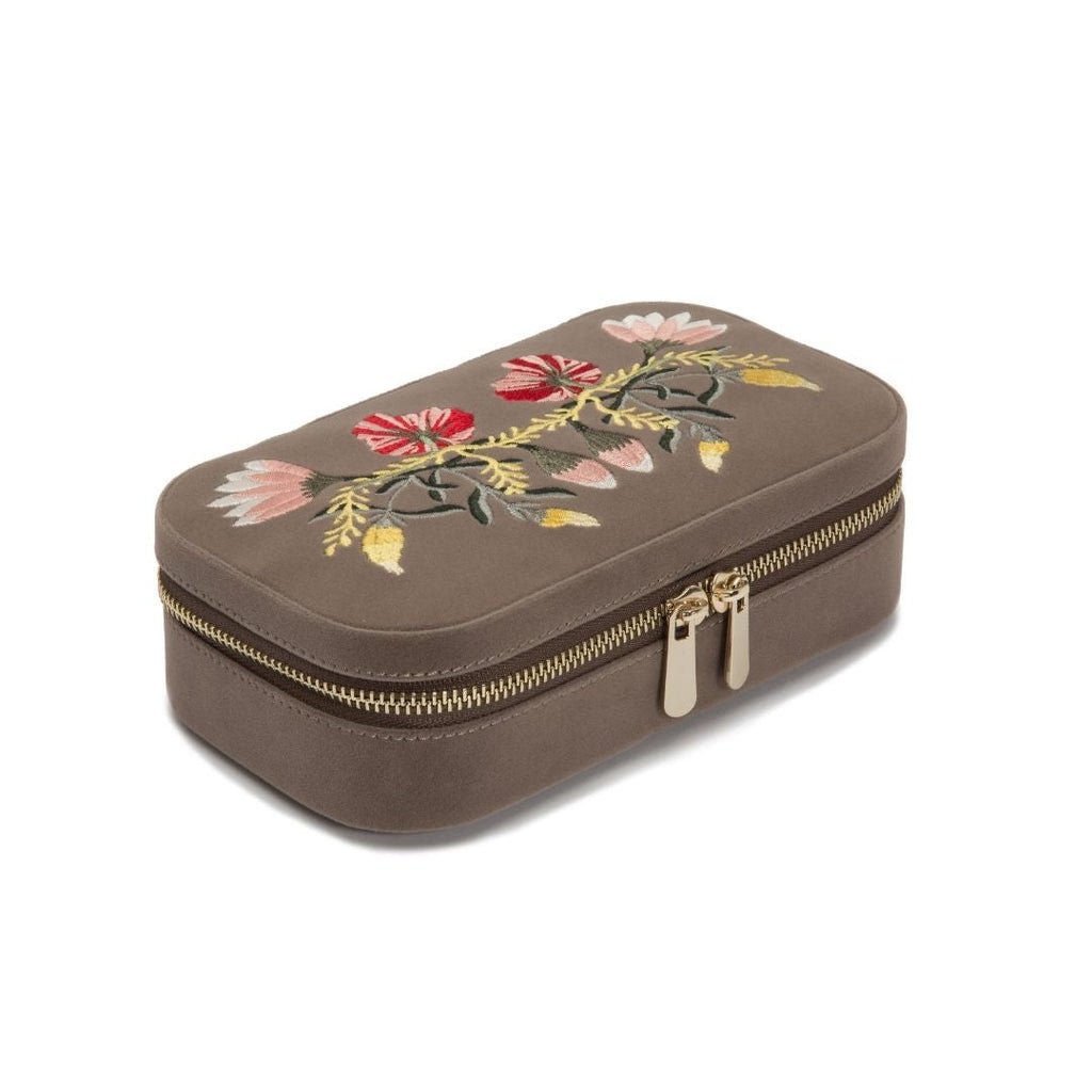 Single Stone's ZOE TRAVEL ZIP CASE  featuring Mink velvet Mirror, 3 ring rolls, medium compartment with cover, and 2 small compartments LusterLoc™: Allows the fabric lining the inside of your jewelry cases to absorb the hostile gases known to cause tarnishing. Under typical storage conditions, it can prevent tarnishing for up to 35 years.
